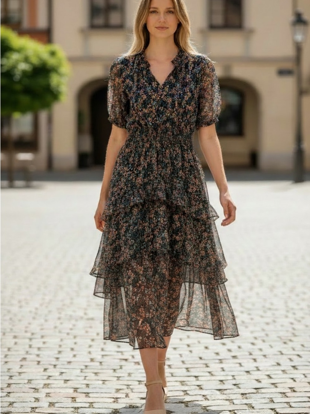 Vince Camuto Black Floral Tiered Midi Dress Short Sleeve - Women's XS